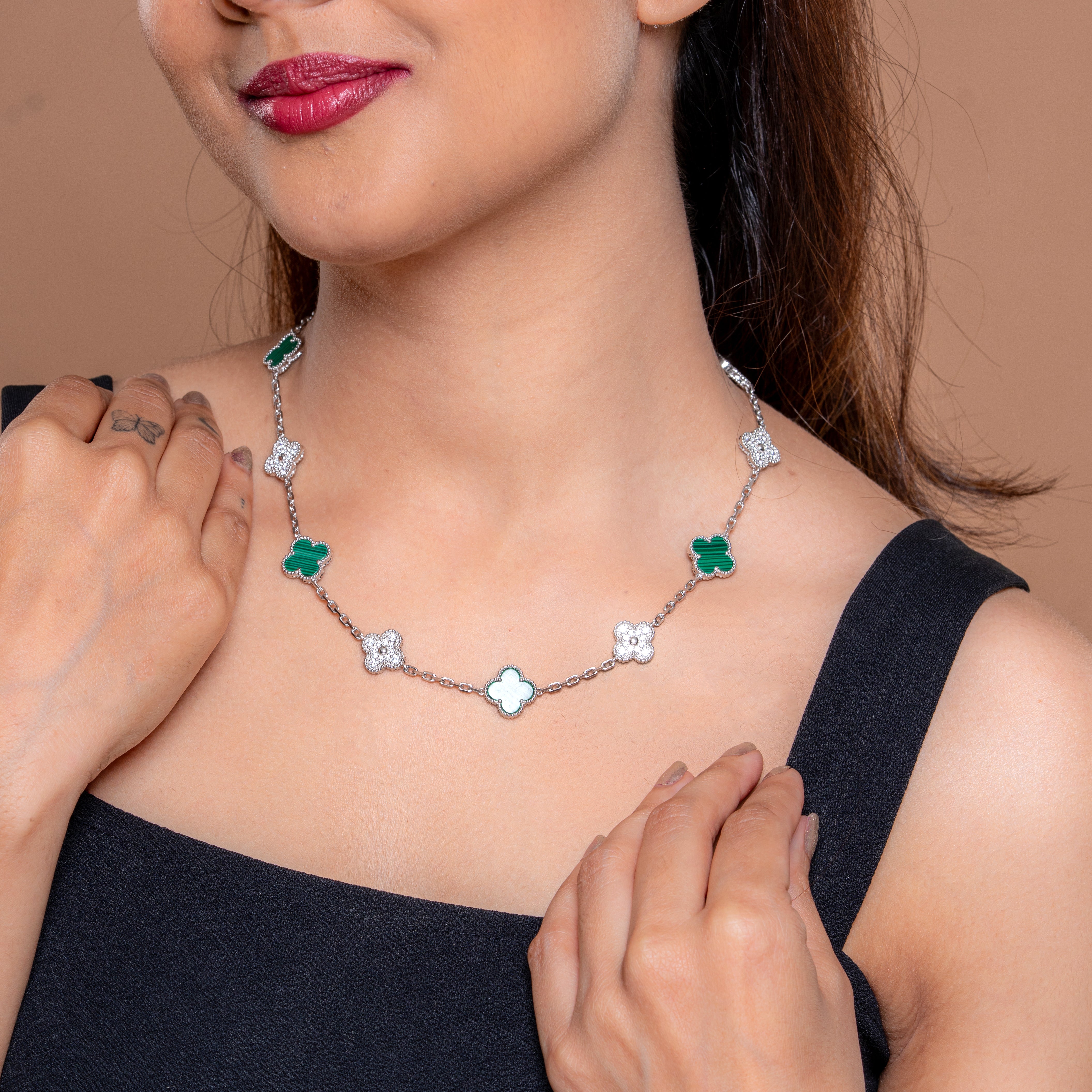 925 Sterling Silver Clover Malachite Long Necklace with CZ Accents