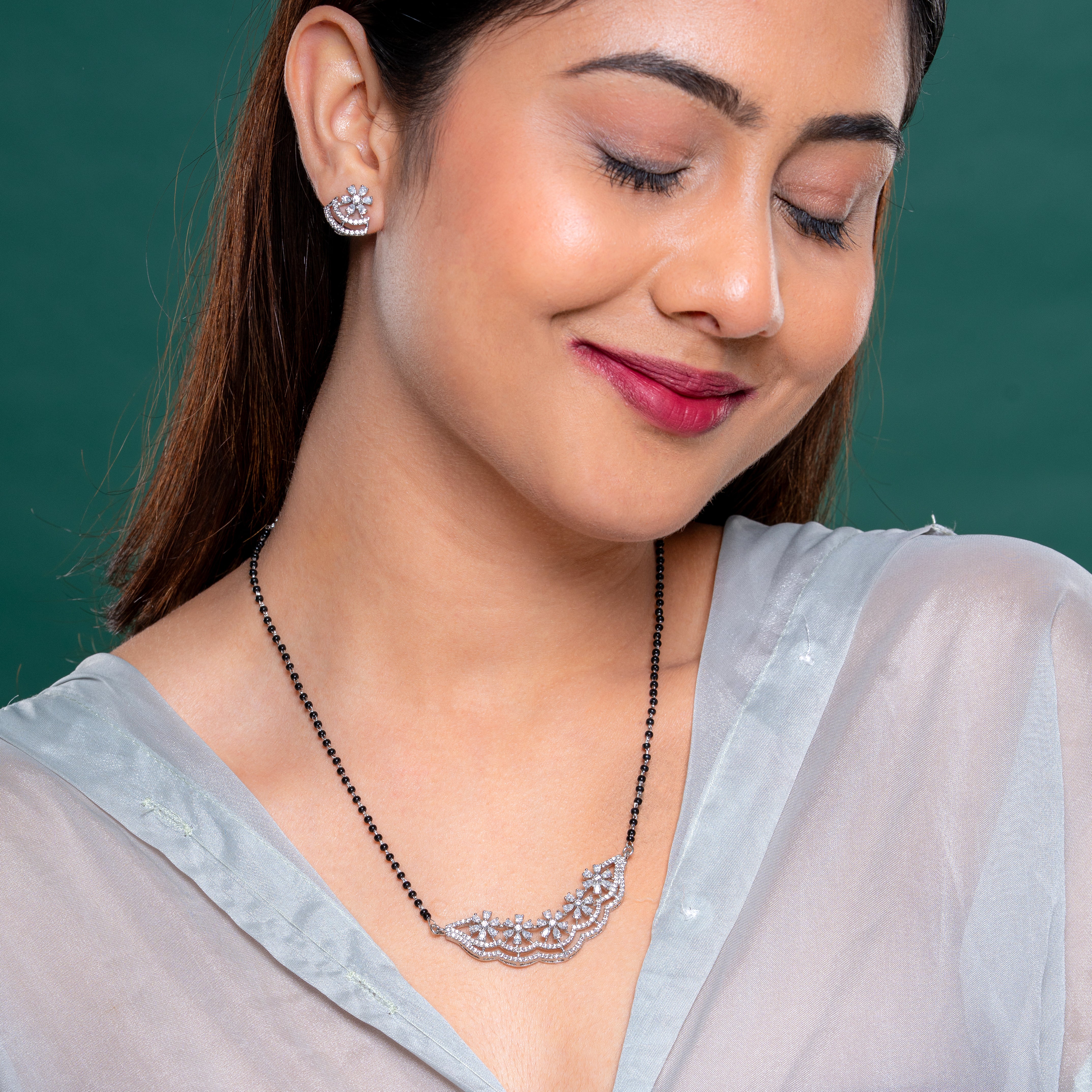 Reegalia 925 SIlver Floral Lace Mangalsutra with Matching Earrings Set
