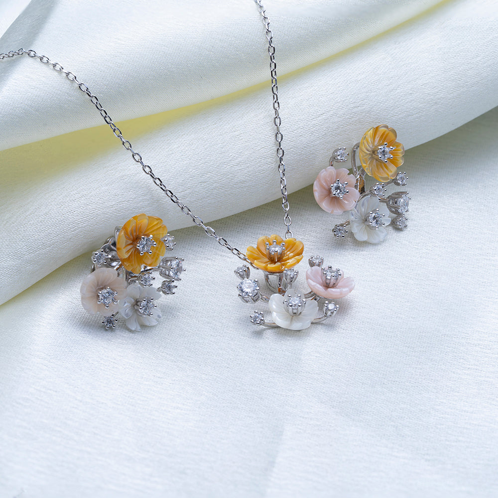 Reegalia Blooming Charm 925 Silver Floral Jewelry Set.