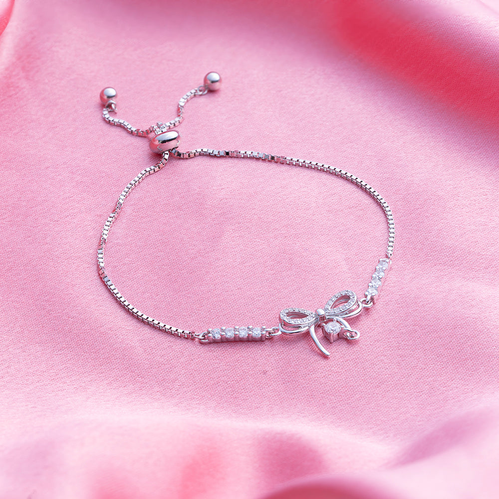 Reegalia Sterling Silver Bow Charm CZ Bracelet.