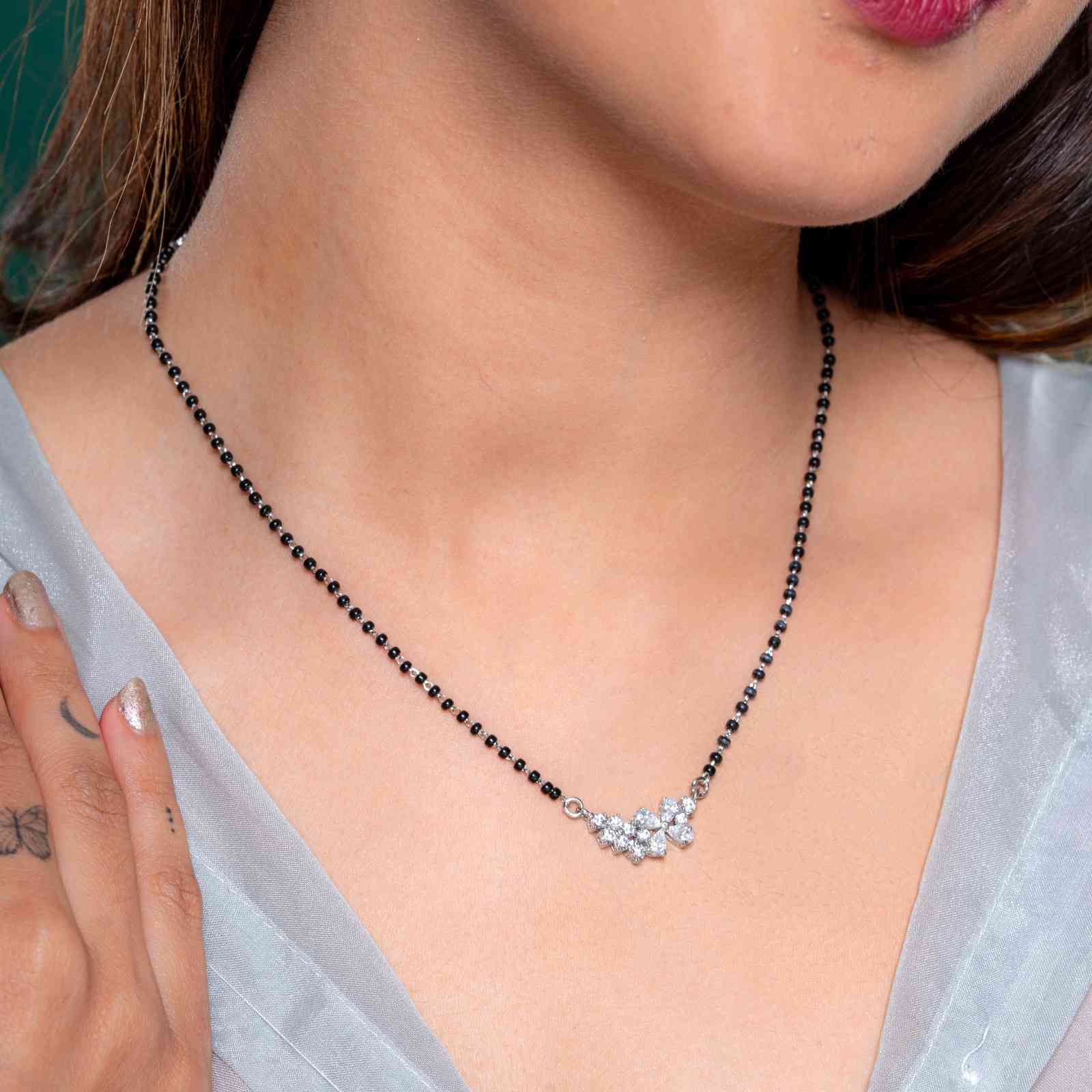 Reegalia 925 Sterling Silver Floral Cluster Mangalsutra with Matching Earrings Set