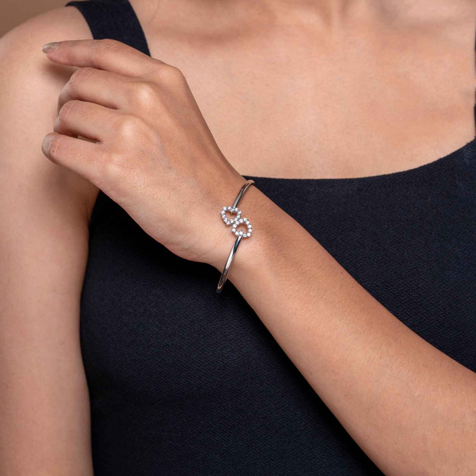 Reegalia  925 Sterling Silver Double Heart CZ Studded Openable Bangle Kada