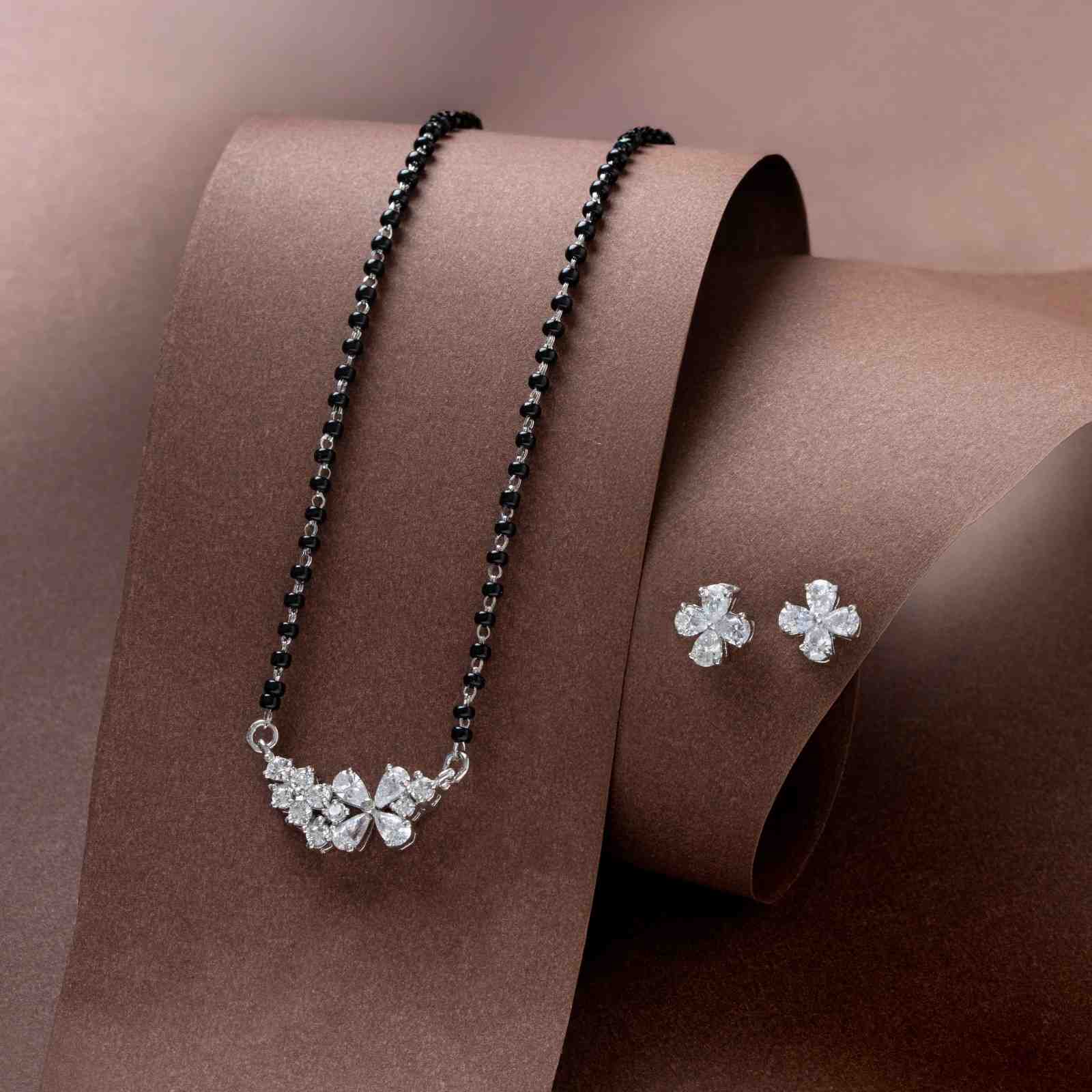 Reegalia 925 Sterling Silver Floral Cluster Mangalsutra with Matching Earrings Set