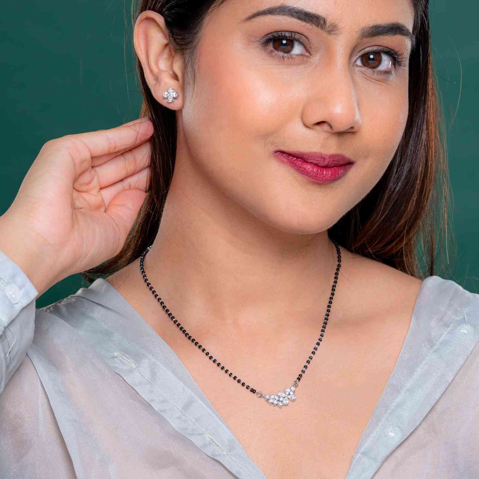 Reegalia 925 Sterling Silver Floral Cluster Mangalsutra with Matching Earrings Set