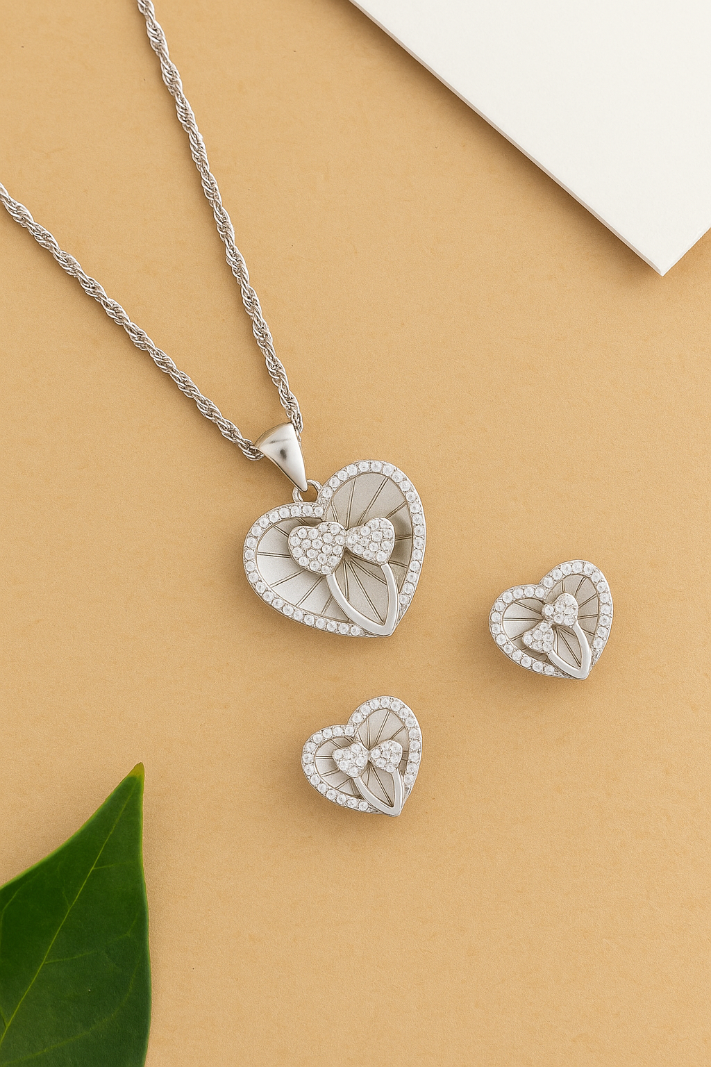 Reegalia 925 Silver Sparkling Heart Bow Ear-Ring &  Pendant. With out Chain.