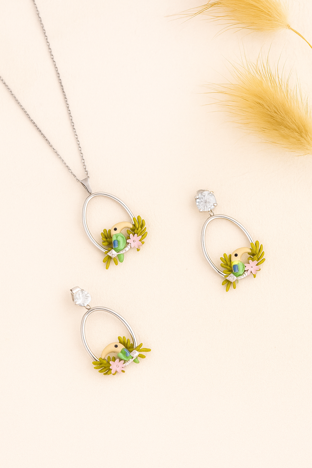 Reegalia Blooming Grace Set – 925 Silver Pendant & Earrings with Hand-Painted Floral Detailing.