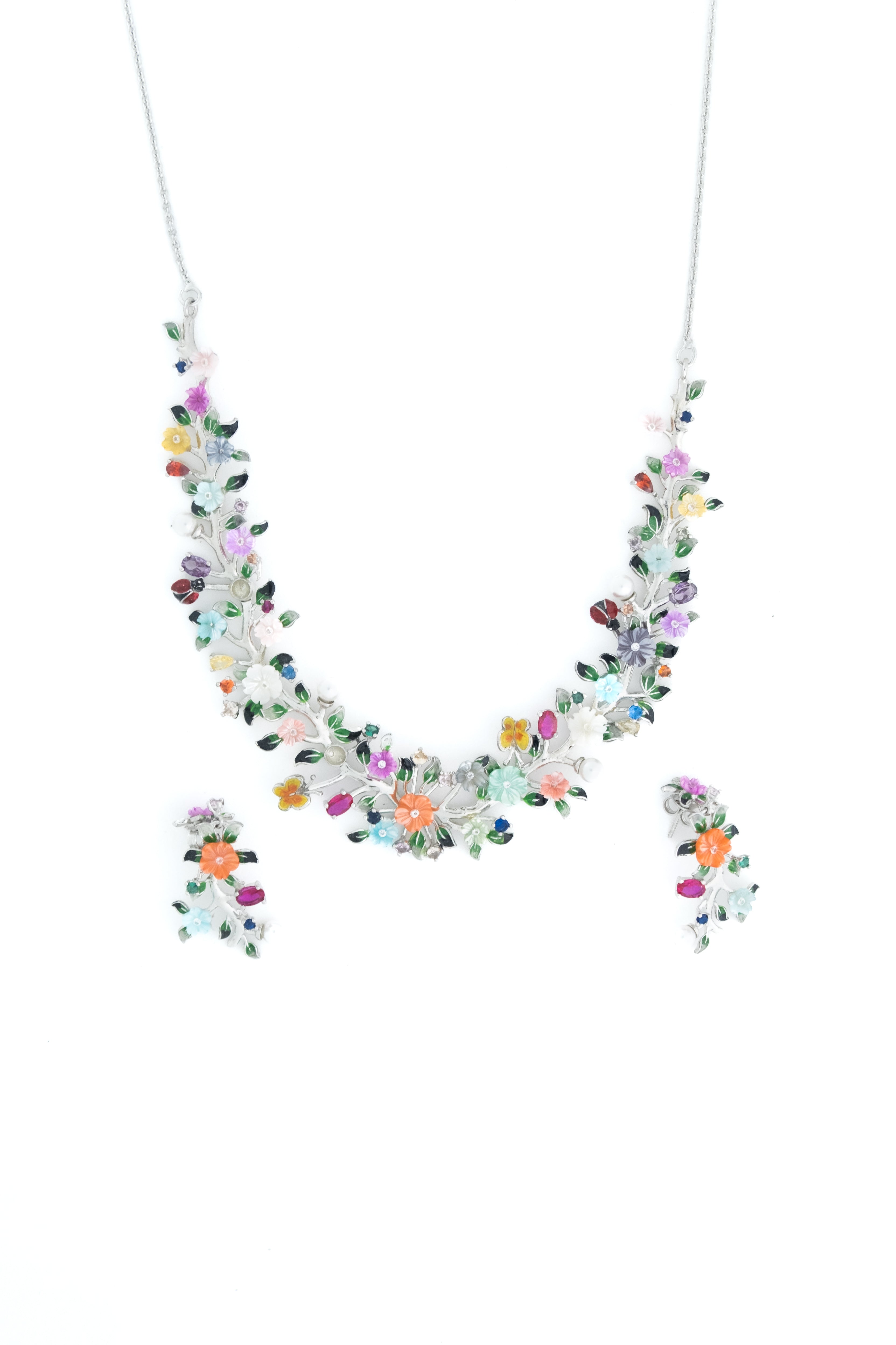 Reegalia Blooming Harmony 925 Silver Floral Necklace Set.
