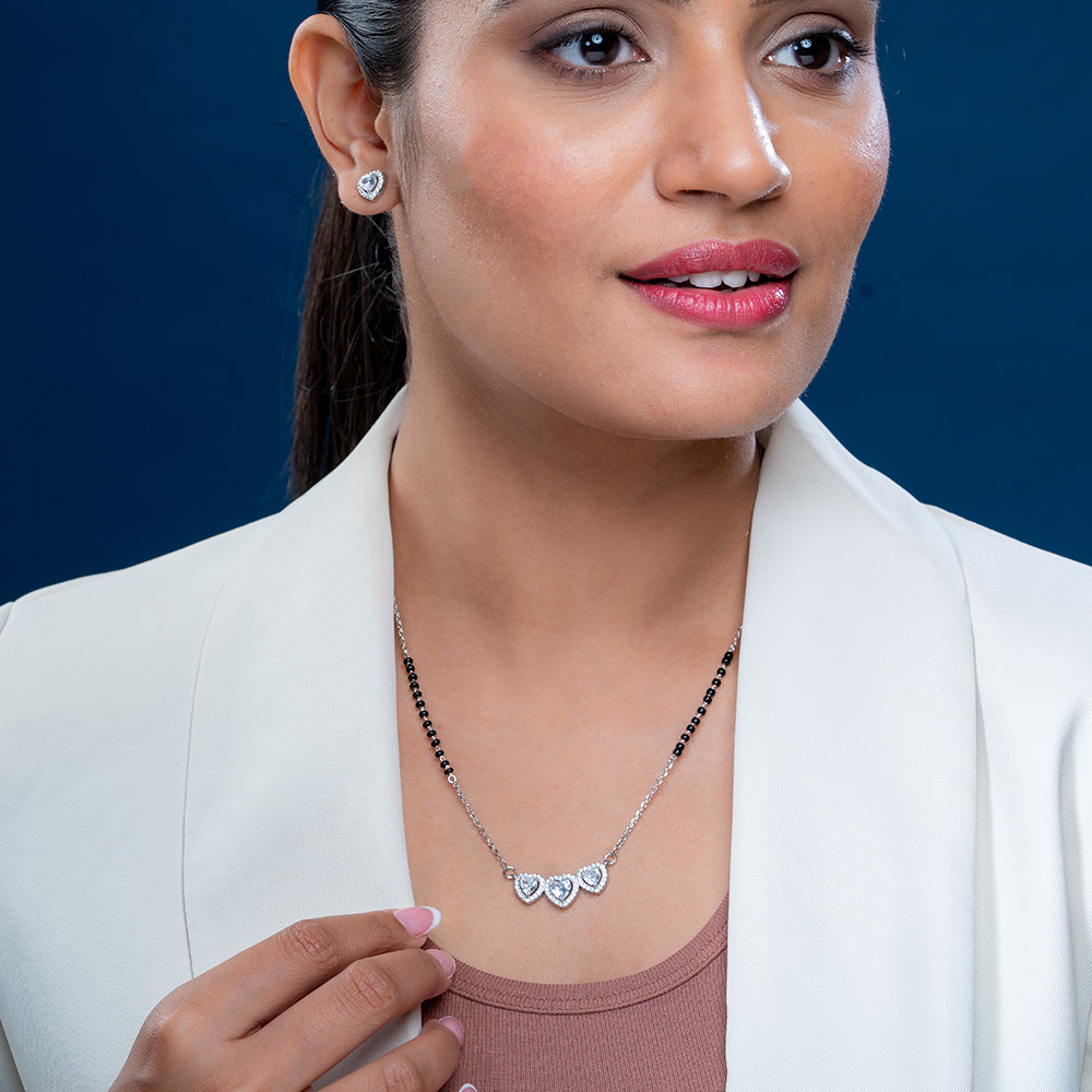 Reegalia Triple Heart CZ Silver Mangalsutra Set